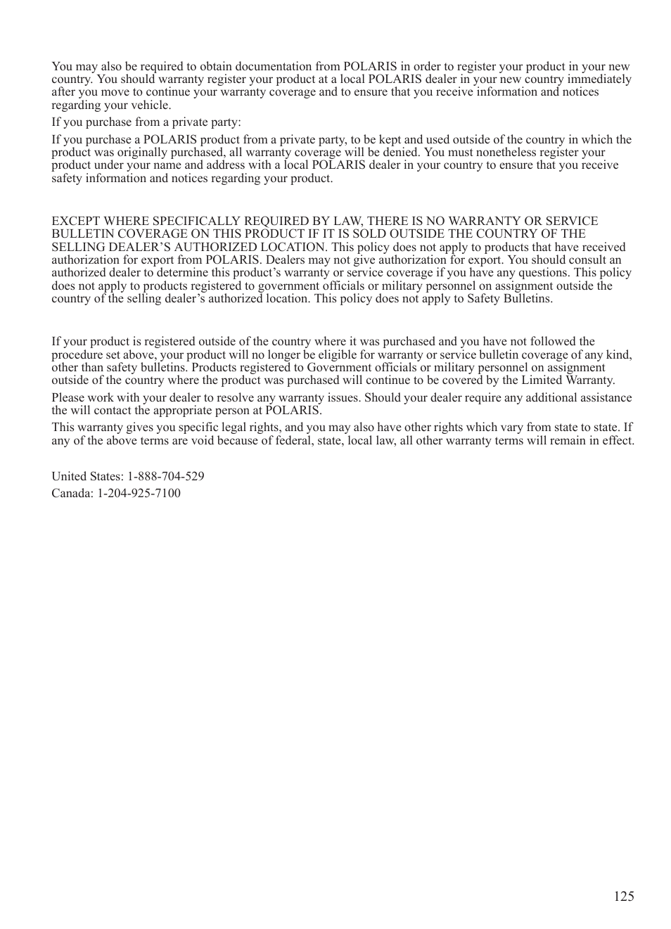 Warranty, Exported products, Notice | Polaris 2014 BRUTUS Owner's Manual User Manual | Page 127 / 136