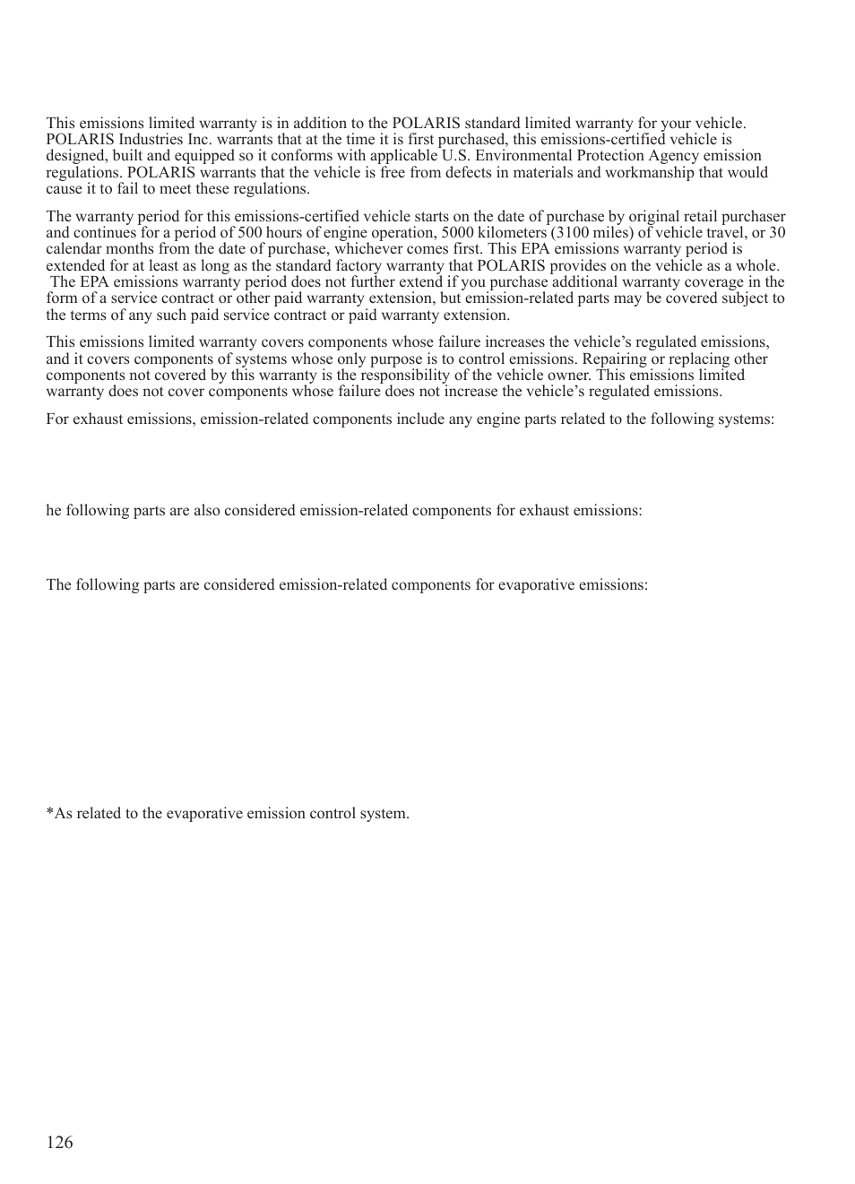 Warranty, U.s.a. epa emissions limited warranty | Polaris 2014 BRUTUS Owner's Manual User Manual | Page 128 / 136