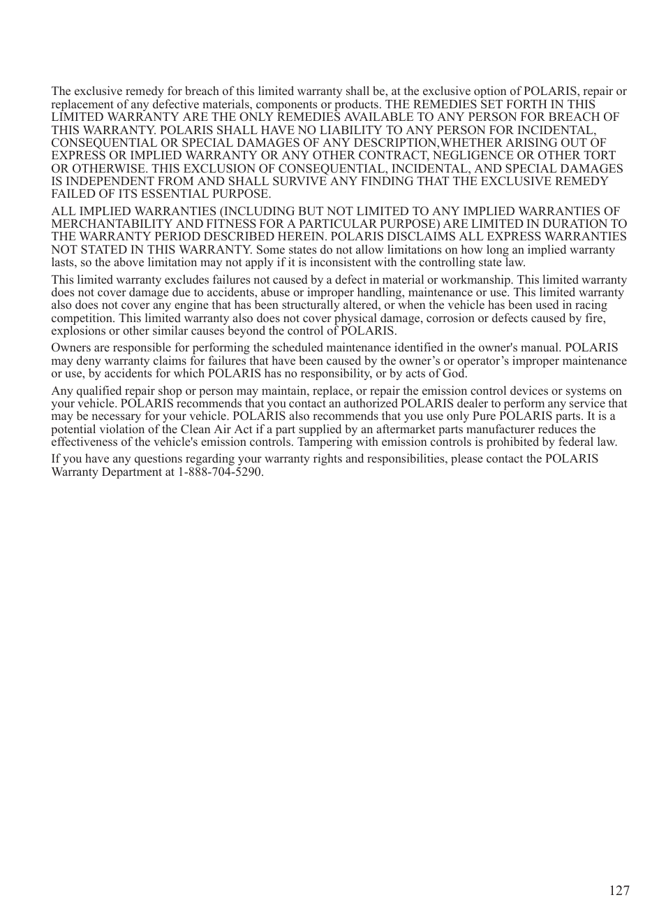 Warranty, U.s.a. epa emissions limited warranty | Polaris 2014 BRUTUS Owner's Manual User Manual | Page 129 / 136