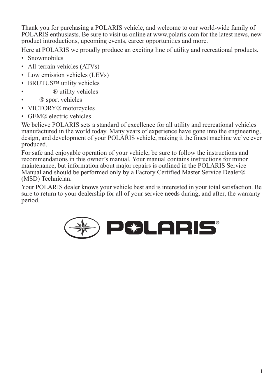 Welcome | Polaris 2014 BRUTUS Owner's Manual User Manual | Page 3 / 136