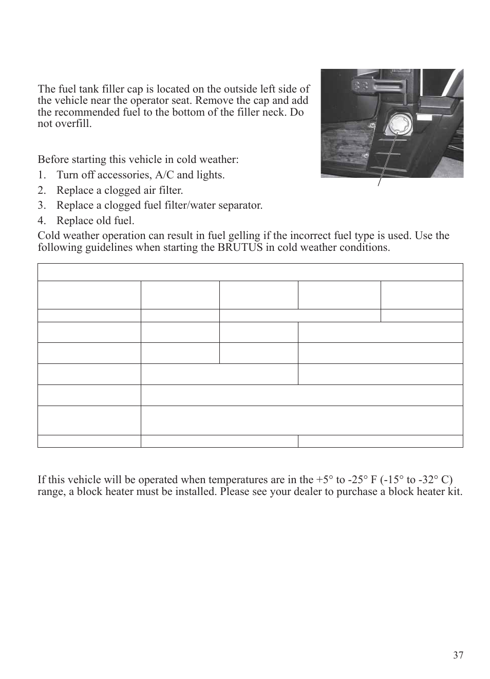 Operation, Fuel recommendations, Cold weather operation | Refueling, Block heater | Polaris 2014 BRUTUS Owner's Manual User Manual | Page 39 / 136