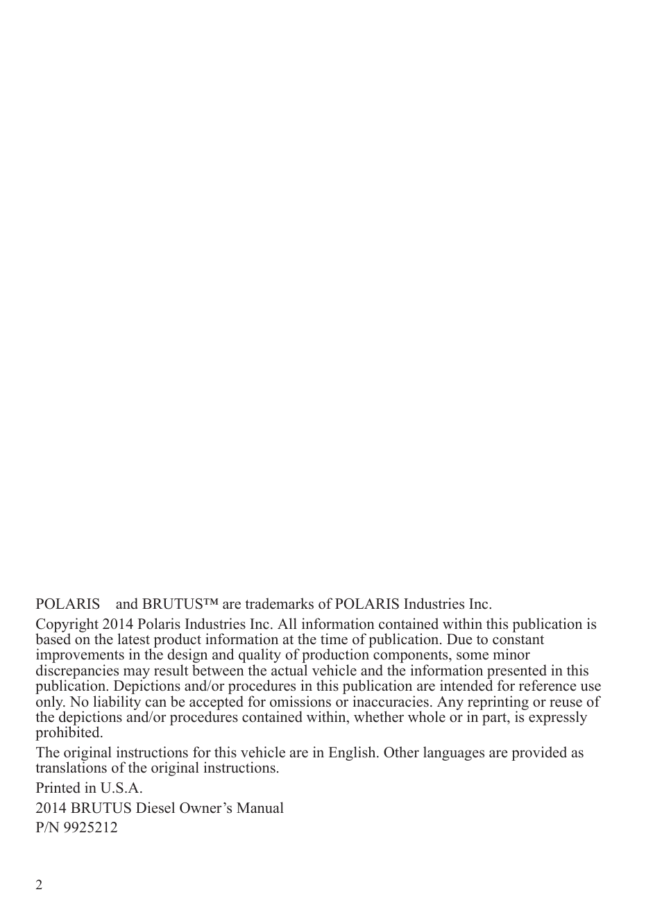 Polaris 2014 BRUTUS Owner's Manual User Manual | Page 4 / 136