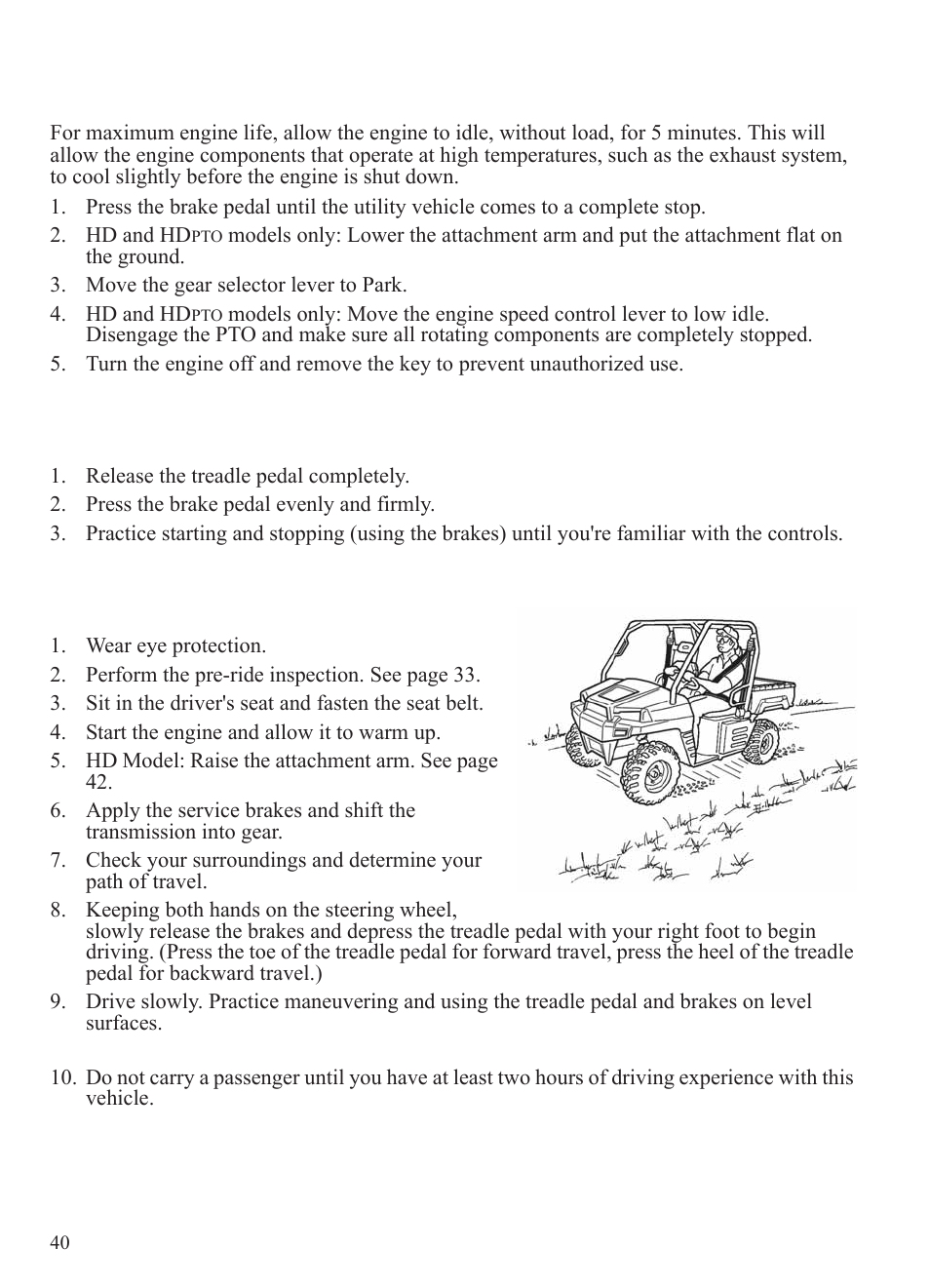 Operation, Stopping the engine, Braking | Driving procedure | Polaris 2014 BRUTUS Owner's Manual User Manual | Page 42 / 136