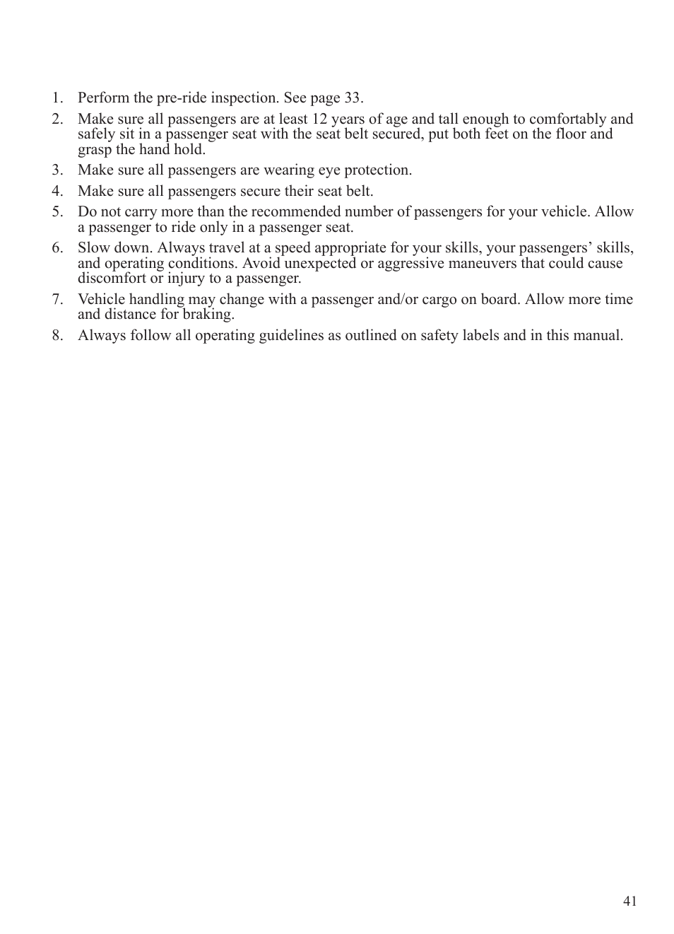 Operation, Driving with a passenger | Polaris 2014 BRUTUS Owner's Manual User Manual | Page 43 / 136