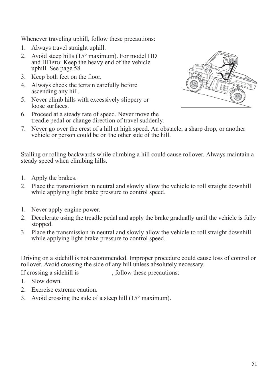 Operation, Driving uphill, Stalling while climbing a hill | Driving on a sidehill (sidehilling) | Polaris 2014 BRUTUS Owner's Manual User Manual | Page 53 / 136