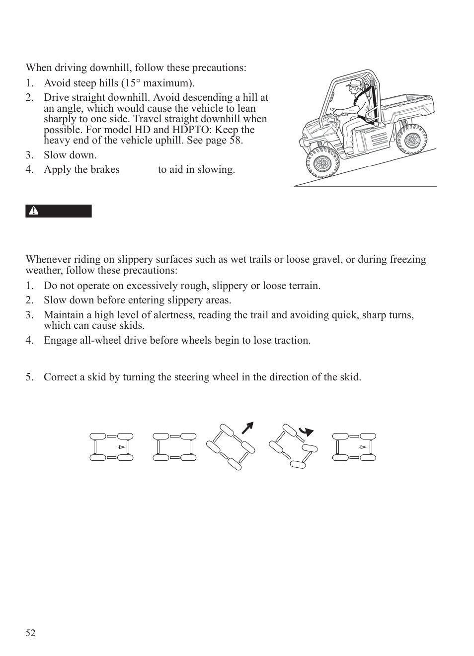 Operation, Driving downhill, Driving on slippery surfaces | Polaris 2014 BRUTUS Owner's Manual User Manual | Page 54 / 136