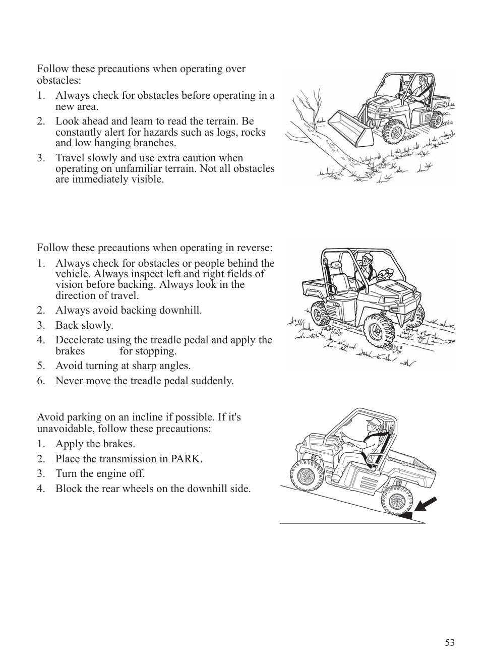 Operation, Driving over obstacles, Driving in reverse | Parking on an incline | Polaris 2014 BRUTUS Owner's Manual User Manual | Page 55 / 136