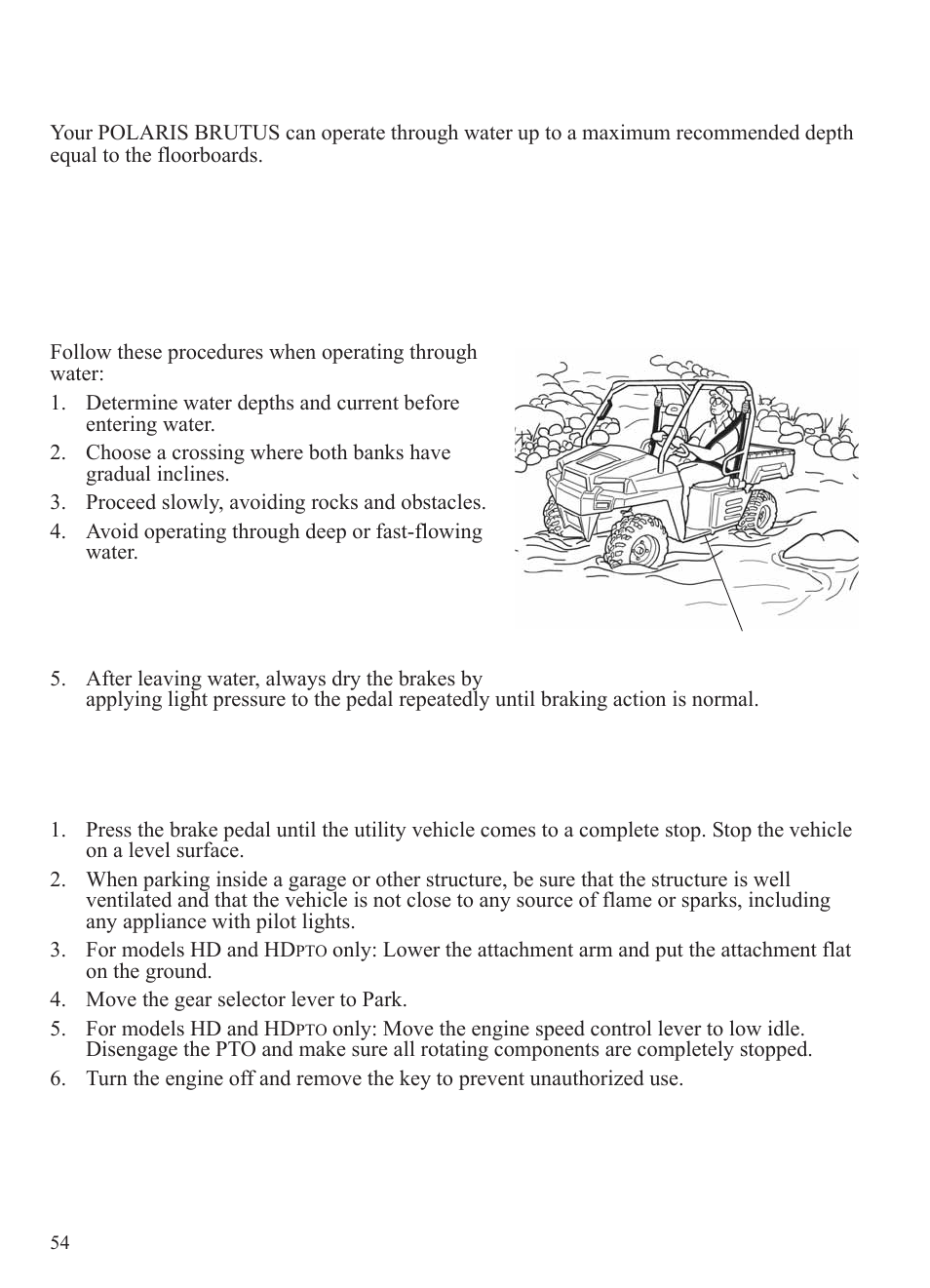 Operation, Driving through water, Parking the vehicle | Polaris 2014 BRUTUS Owner's Manual User Manual | Page 56 / 136