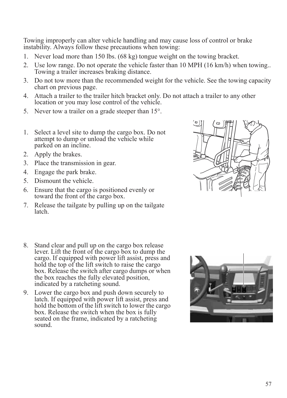 Operation, Towing loads, Dumping the cargo box | Polaris 2014 BRUTUS Owner's Manual User Manual | Page 59 / 136