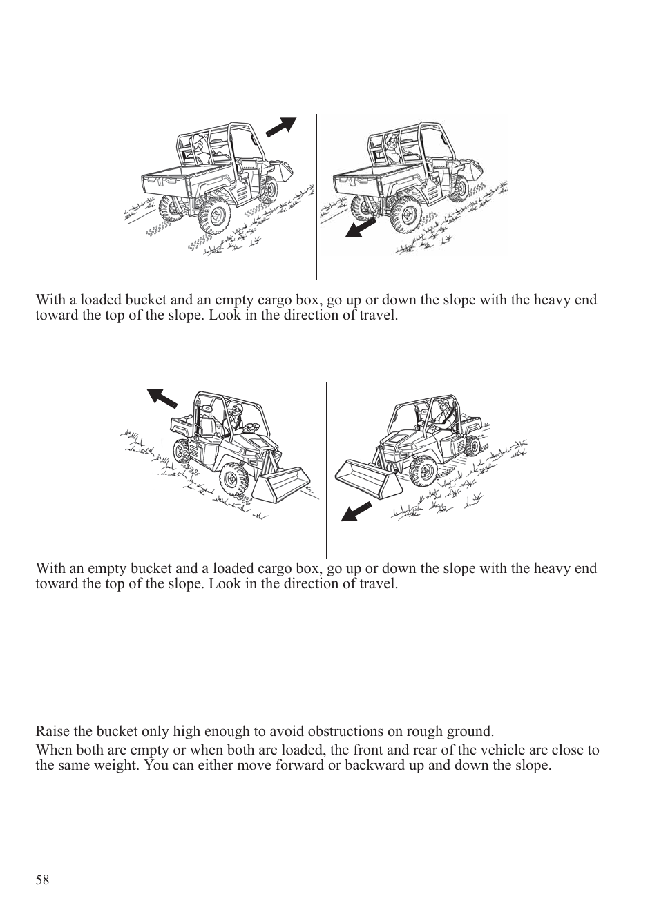 Operation, Operating with a full bucket and empty cargo box | Polaris 2014 BRUTUS Owner's Manual User Manual | Page 60 / 136