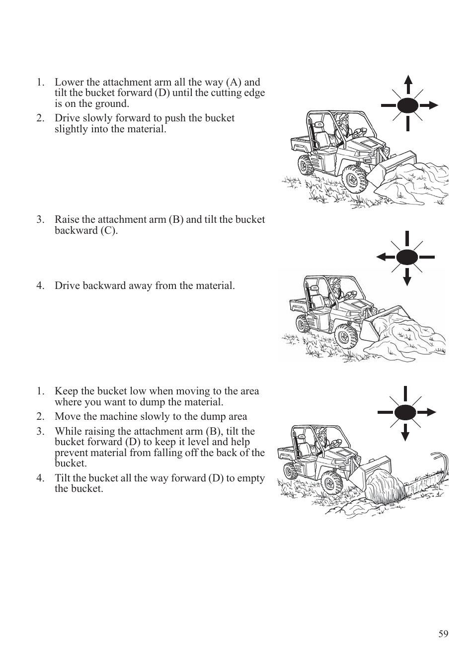 Operation, Filling and emptying the bucket | Polaris 2014 BRUTUS Owner's Manual User Manual | Page 61 / 136