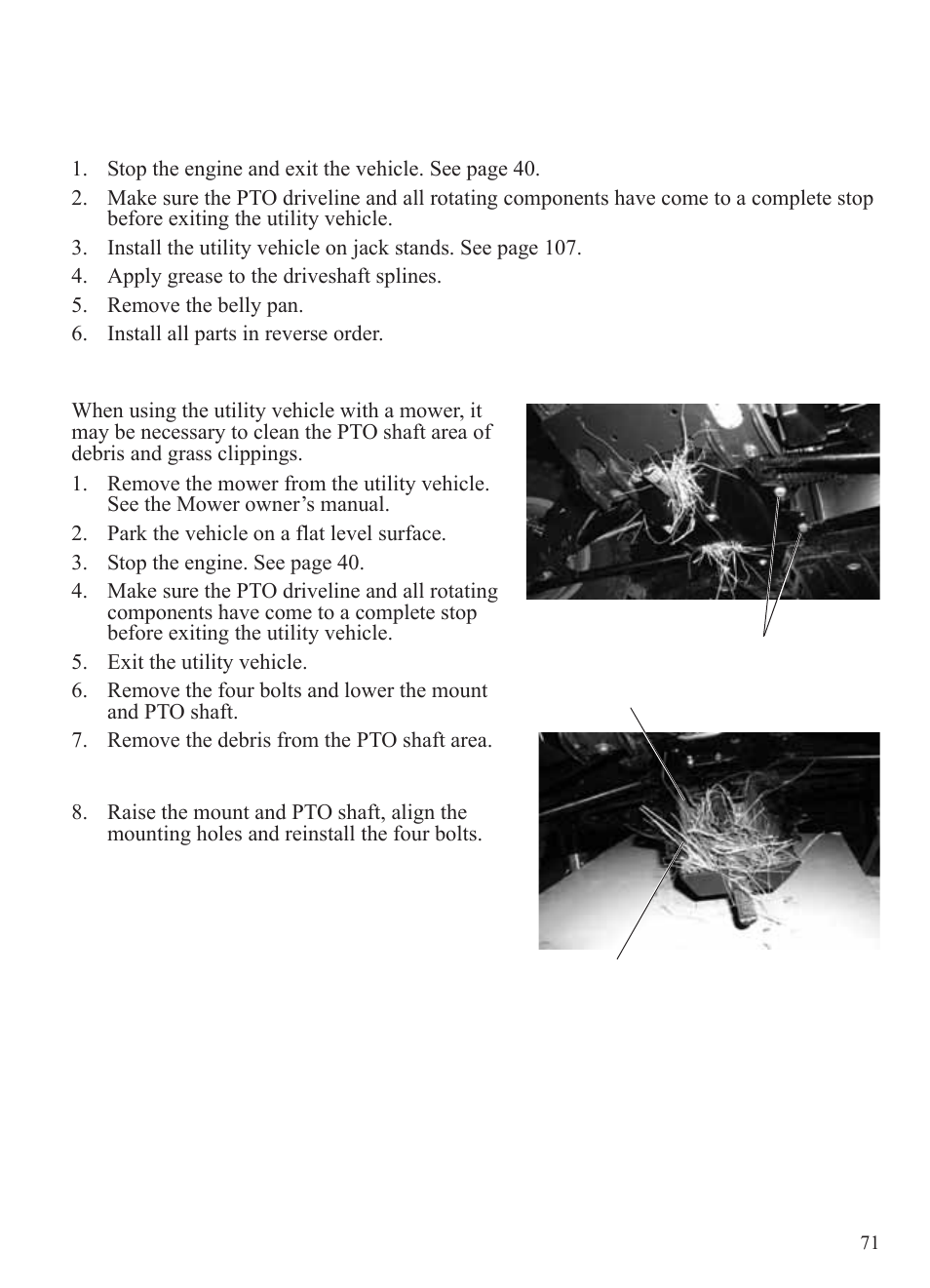 Pto system, Removing and installing pto shafts (models hd, Pto shaft debris removal (if equipped) | Polaris 2014 BRUTUS Owner's Manual User Manual | Page 73 / 136
