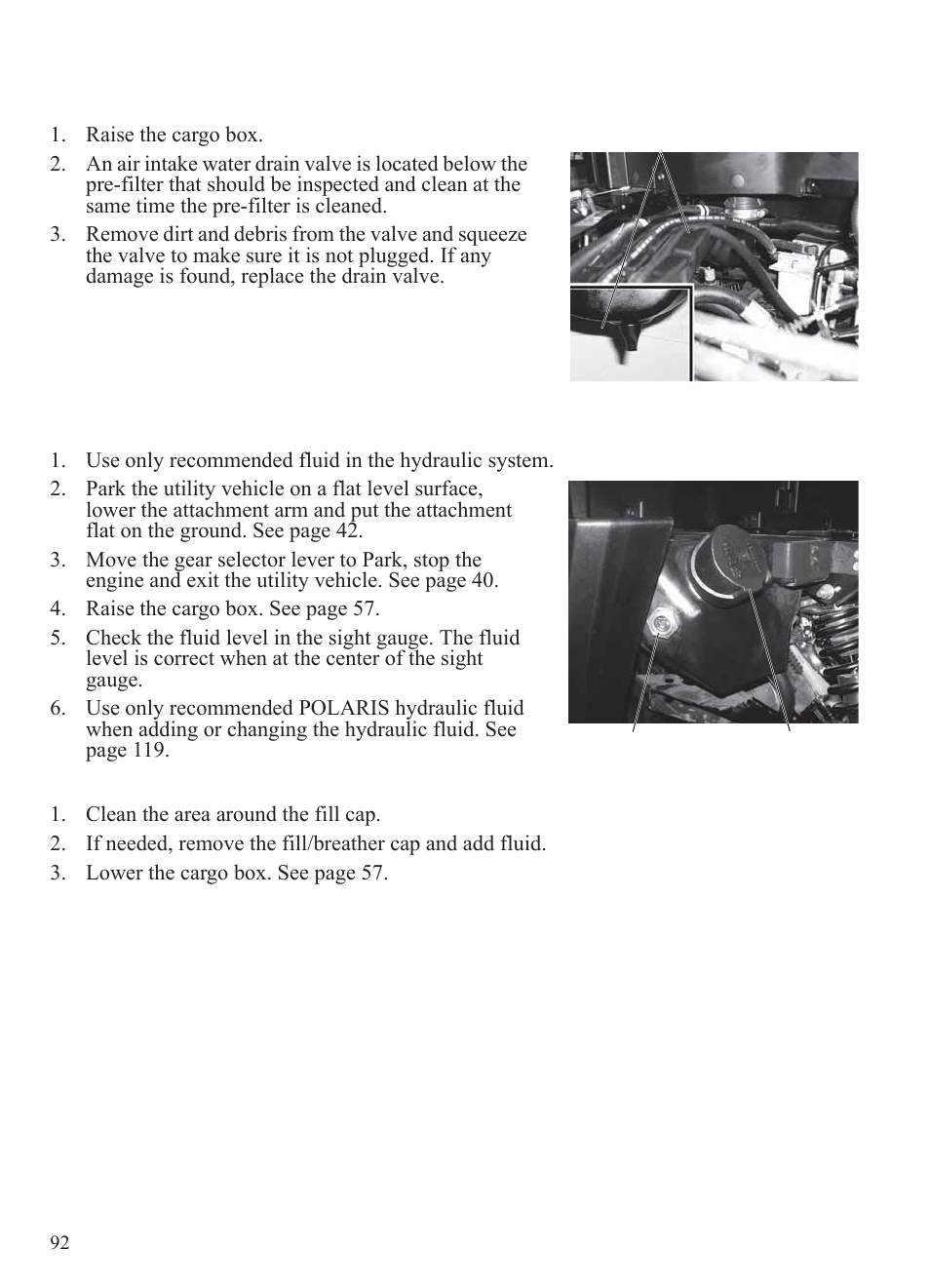 Maintenance, Cleaning intake water drain valve, Hydraulic/hydrostatic system | Polaris 2014 BRUTUS Owner's Manual User Manual | Page 94 / 136