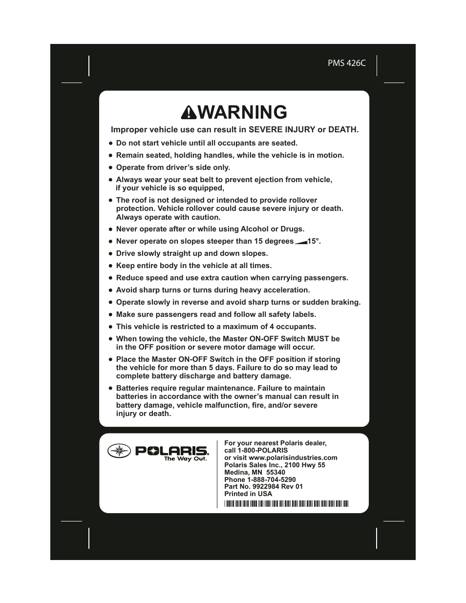9922984bkcover, Warning | Polaris 2011 Breeze User Manual | Page 3 / 100