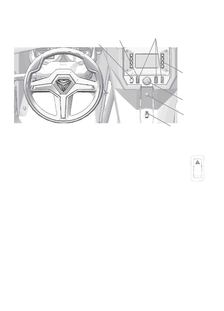 Features and controls, Console and switches, Hazard switch/emergency flashers | Master lighting switch (canada), One-touch starter switch, Audio switches | Polaris 2015 Slingshot User Manual | Page 22 / 136