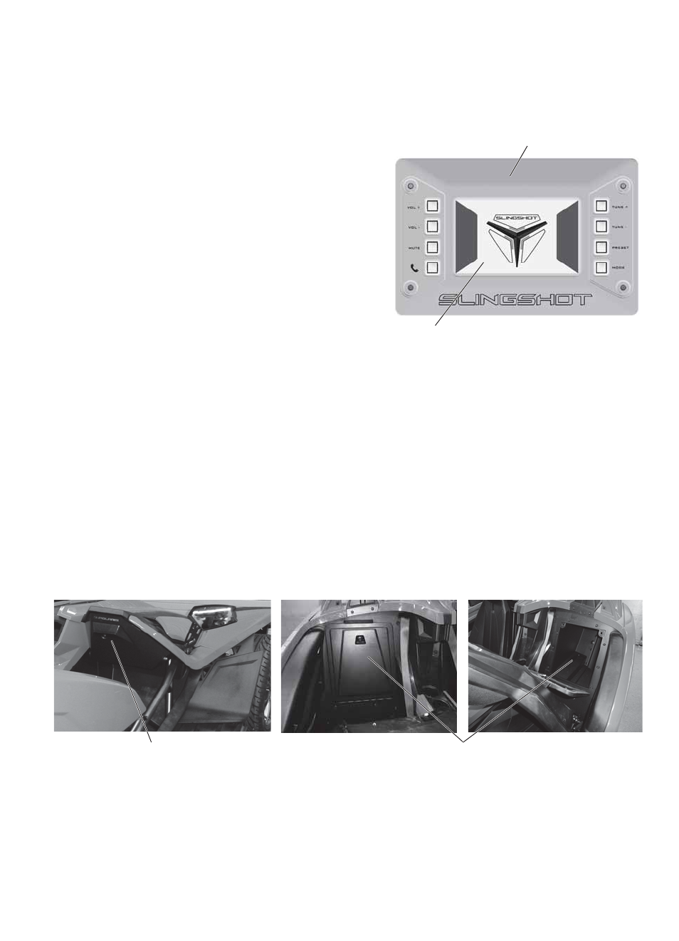 Features and controls, Mirrors, Radio/audio system | Back-up camera (if equipped), Storage compartments | Polaris 2015 Slingshot User Manual | Page 35 / 136