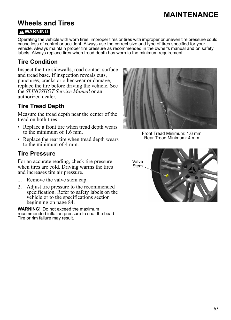 Maintenance, Wheels and tires | Polaris 2015 Slingshot User Manual | Page 67 / 136