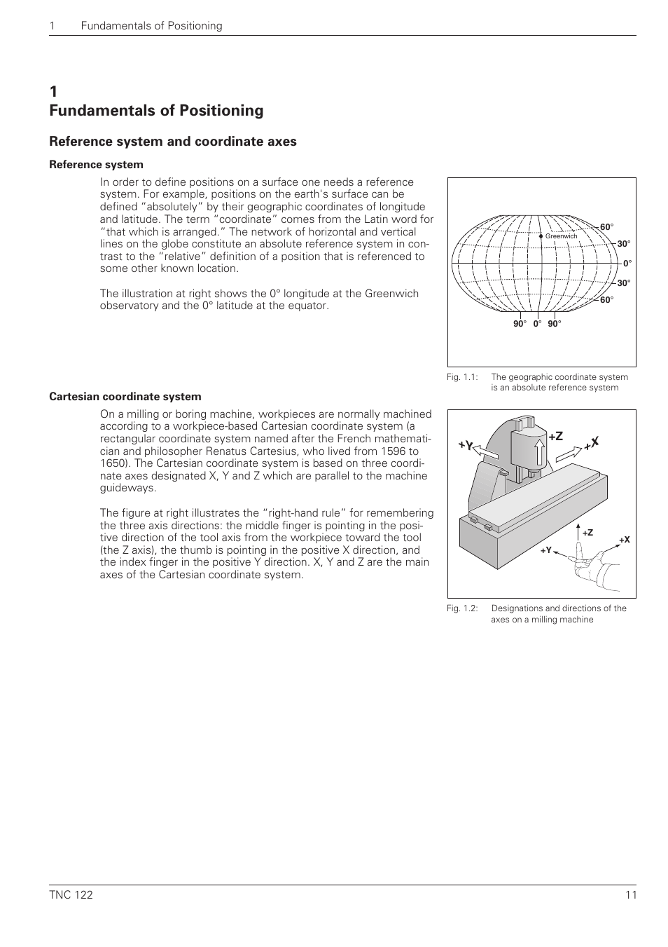 Fundamentals of positioning, Reference system and coordinate axes, 1 fundamentals of positioning | HEIDENHAIN TNC 122 User Manual User Manual | Page 11 / 63