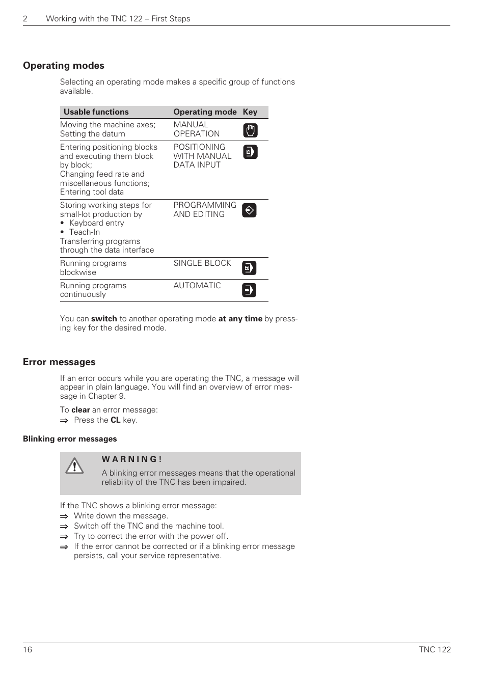 Operating modes error messages | HEIDENHAIN TNC 122 User Manual User Manual | Page 16 / 63