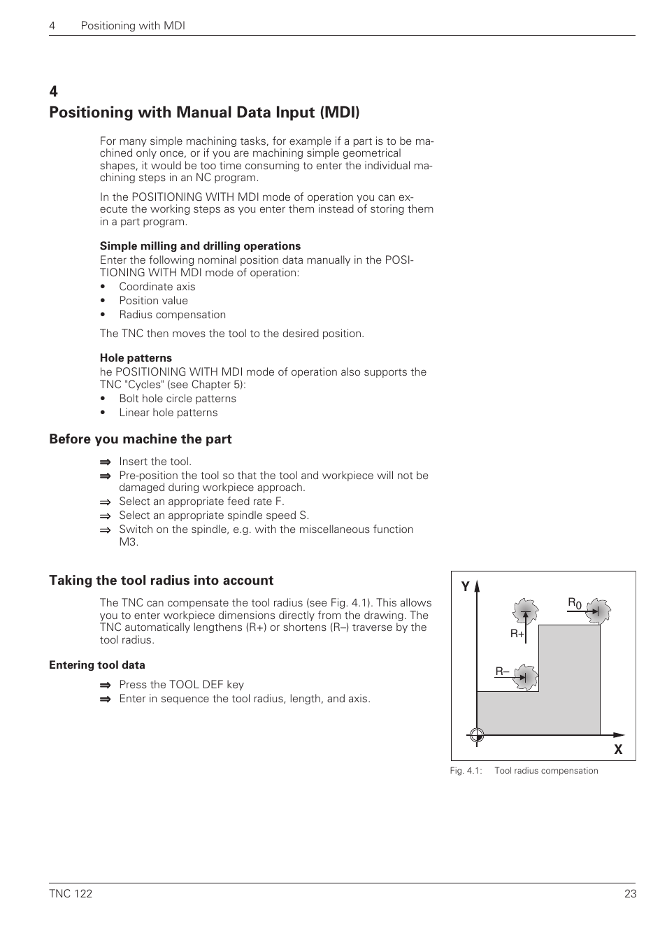 Positioning with manual data input (mdi) | HEIDENHAIN TNC 122 User Manual User Manual | Page 23 / 63