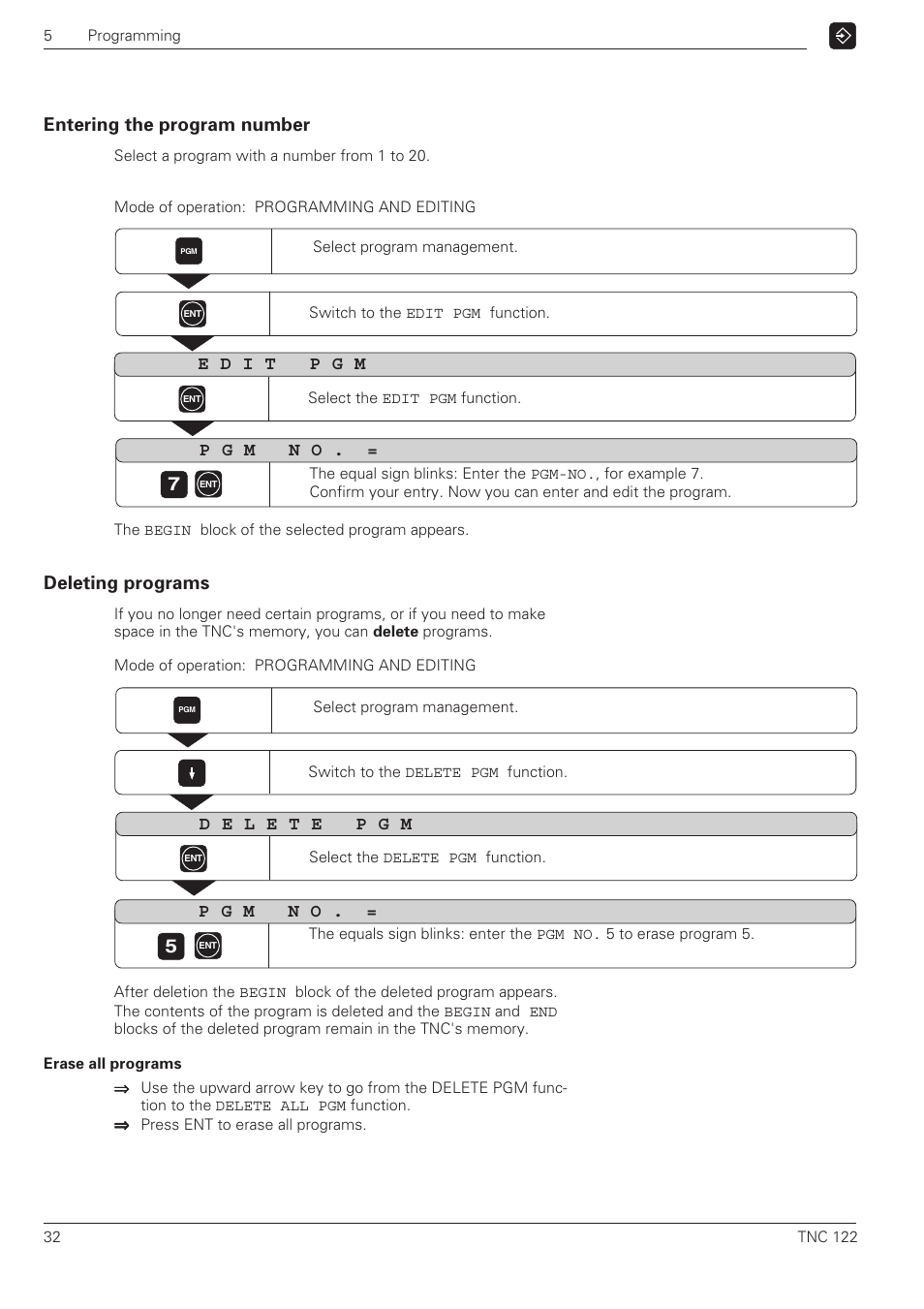 Entering the program number deleting programs, Entering the program number, Deleting programs | HEIDENHAIN TNC 122 User Manual User Manual | Page 32 / 63