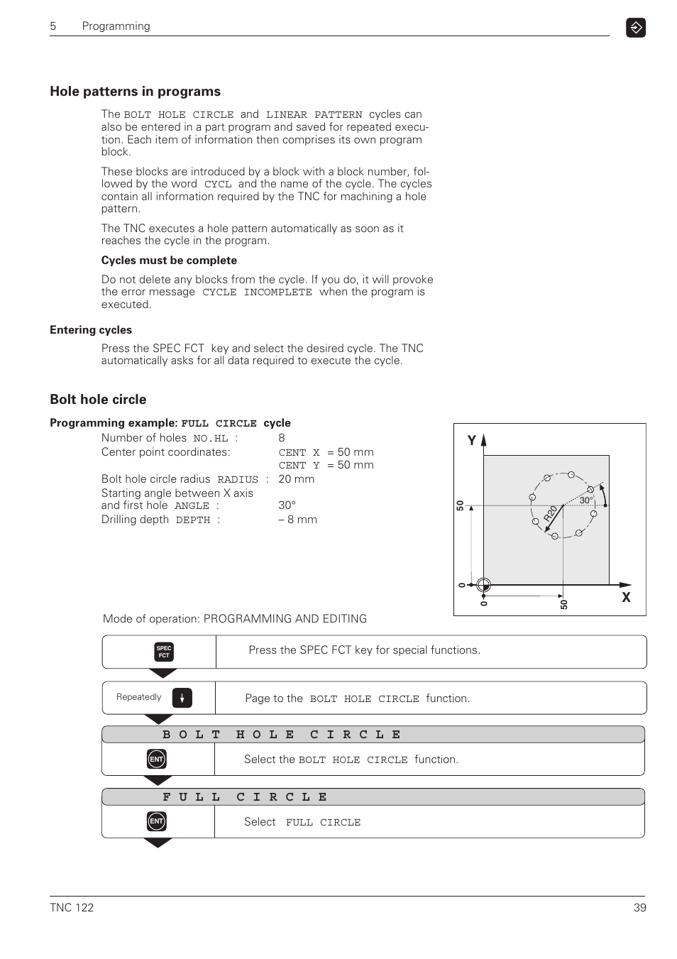 Hole patterns in programs bolt hole circle, Hole patterns in programs, Bolt hole circle | HEIDENHAIN TNC 122 User Manual User Manual | Page 39 / 63