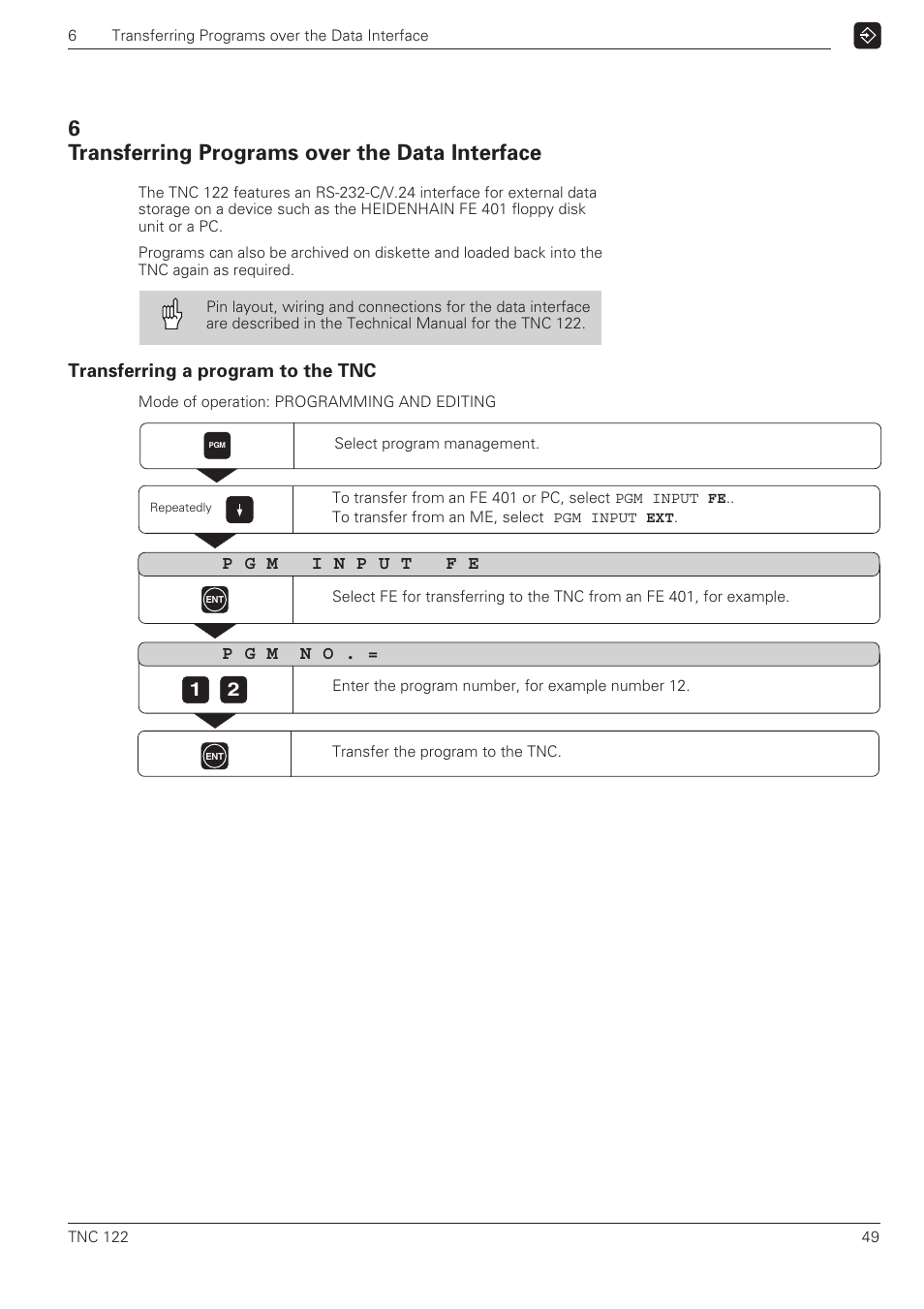 Transferring programs over the data interface, Transferring a program to the tnc | HEIDENHAIN TNC 122 User Manual User Manual | Page 49 / 63