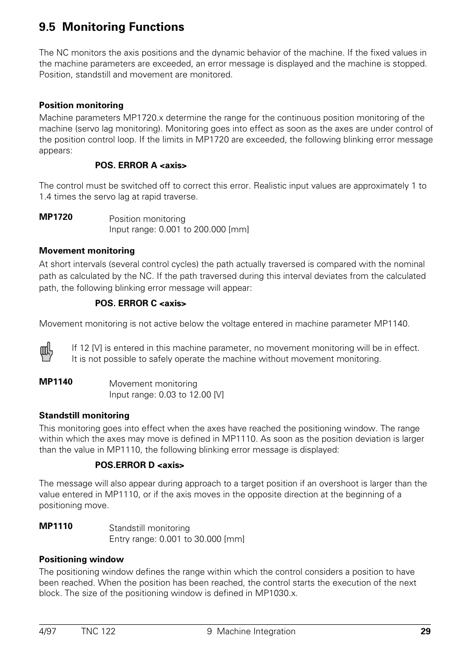 Monitoring functions, 5 monitoring functions | HEIDENHAIN TNC 122 Technical Manual User Manual | Page 30 / 70