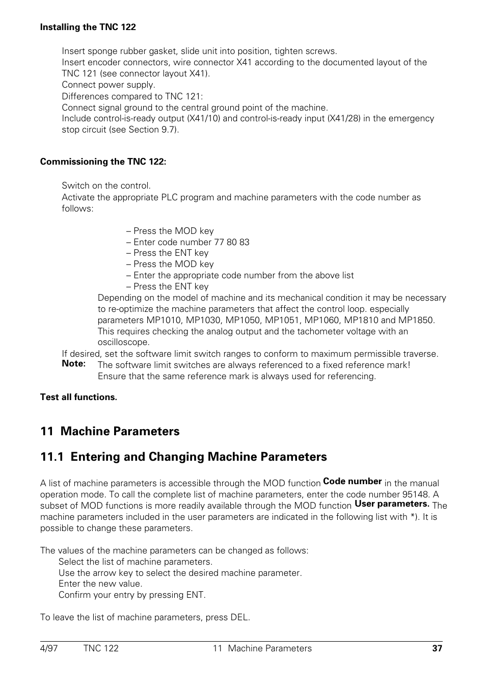 Machine parameters, Entering and changing machine parameters | HEIDENHAIN TNC 122 Technical Manual User Manual | Page 38 / 70