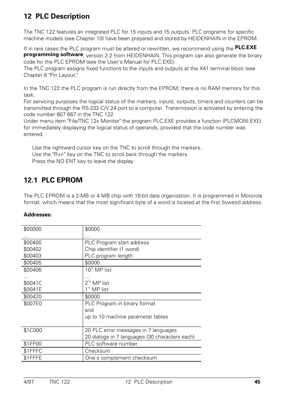 Plc description, Plc-eprom, 12 plc description | 1 plc eprom | HEIDENHAIN TNC 122 Technical Manual User Manual | Page 46 / 70