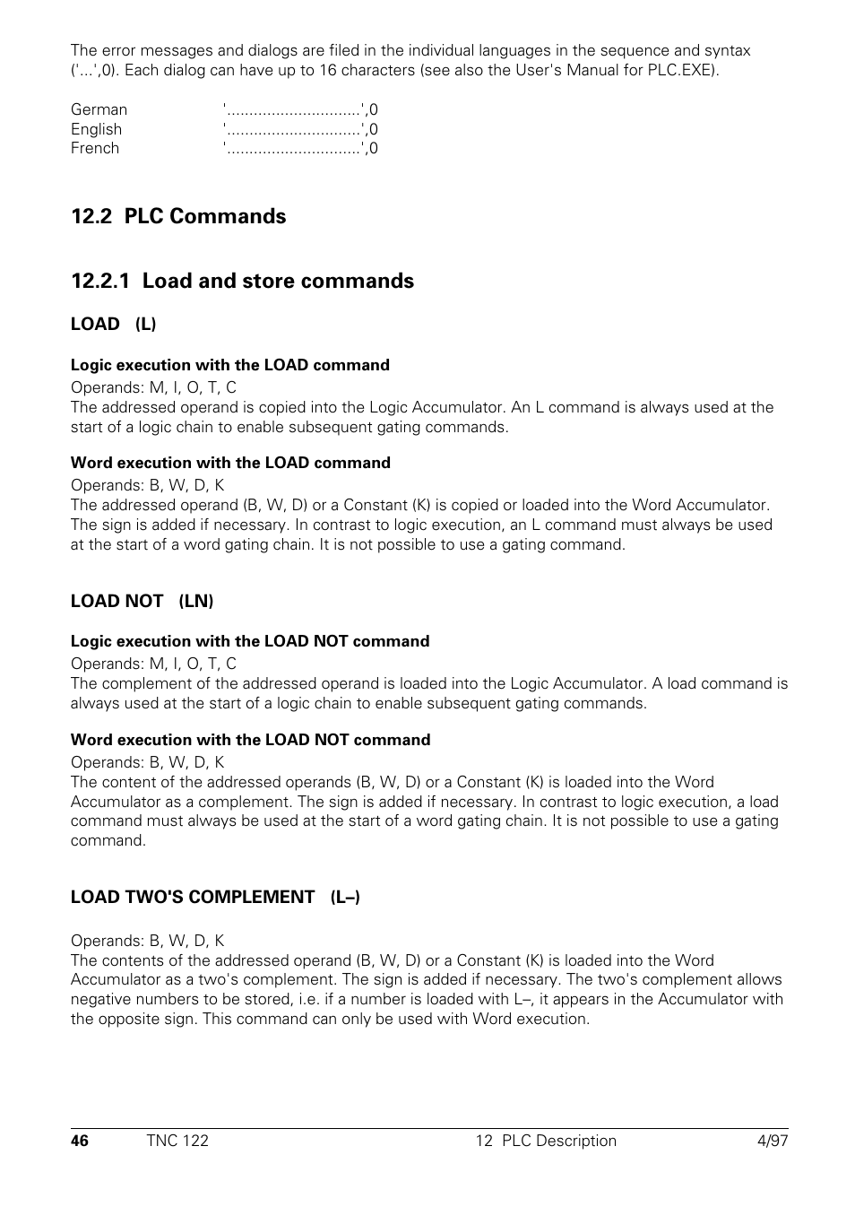Plc commands, Load and store commands | HEIDENHAIN TNC 122 Technical Manual User Manual | Page 47 / 70