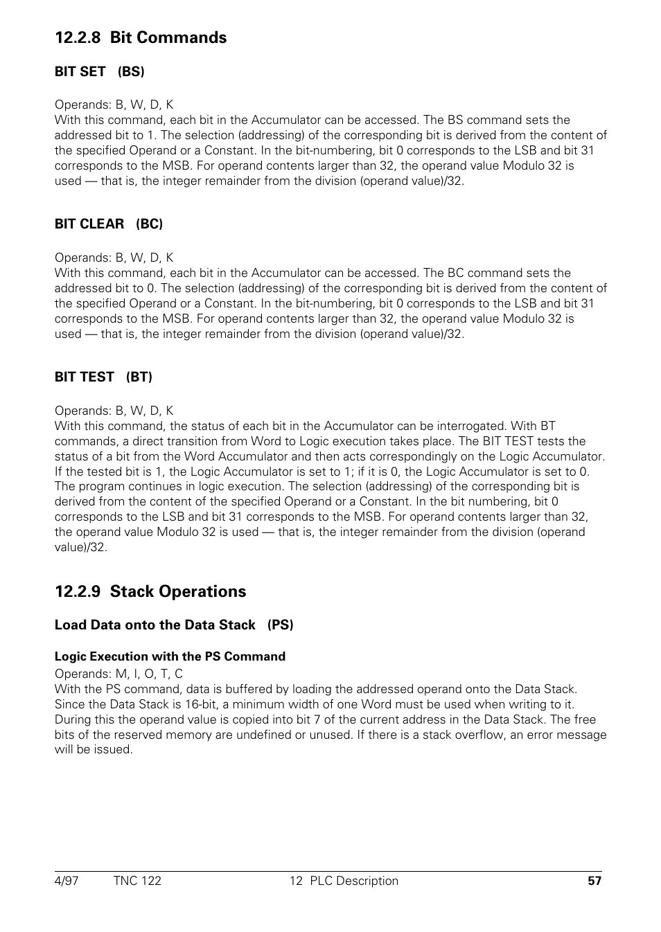 Bit commands, Stack operations, 8 bit commands | 9 stack operations | HEIDENHAIN TNC 122 Technical Manual User Manual | Page 58 / 70