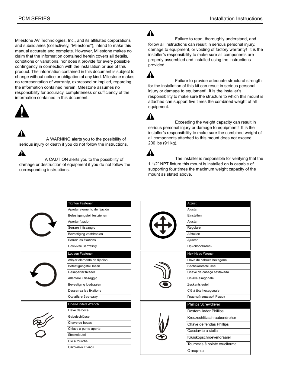 Disclaimer, Important warnings and cautions, Legend | Pcm series installation instructions 2 | Chief Manufacturing PCM Series User Manual | Page 2 / 8