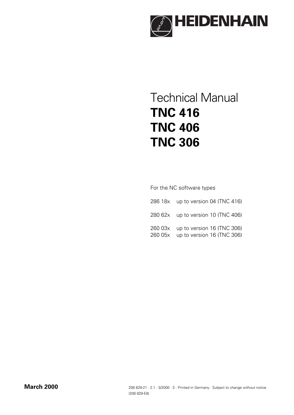HEIDENHAIN TNC 306 Technical Manual User Manual | 510 pages