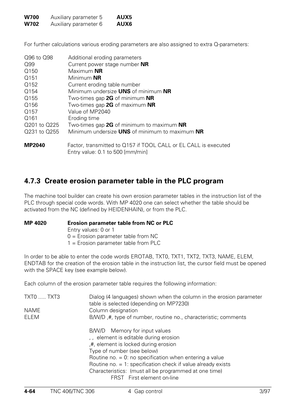 Create erosion parameter table in the plc program | HEIDENHAIN TNC 306 Technical Manual User Manual | Page 164 / 510