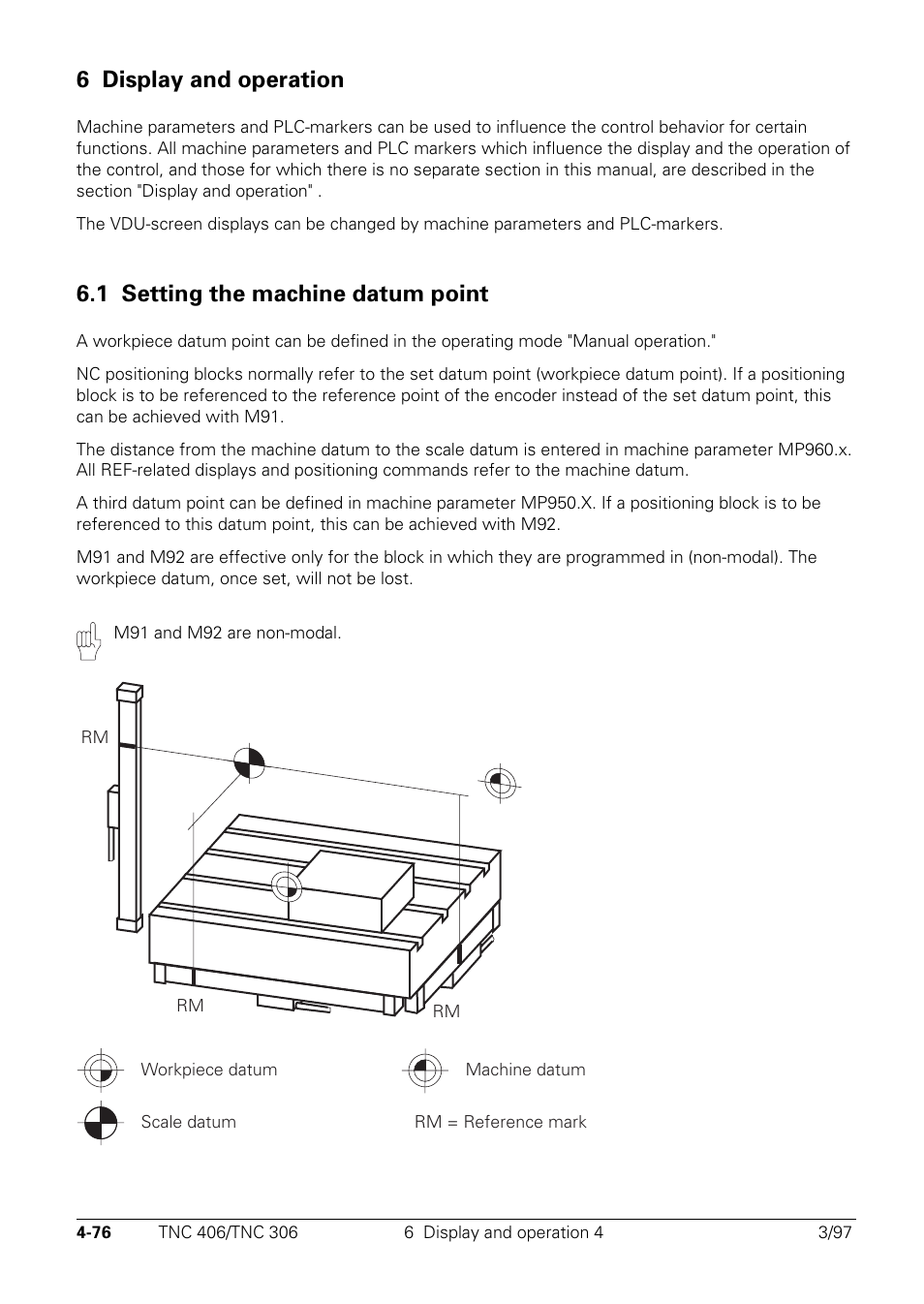 Display and operation, Setting the machine datum point, 6 display and operation 4 | 1 setting the machine datum point | HEIDENHAIN TNC 306 Technical Manual User Manual | Page 176 / 510
