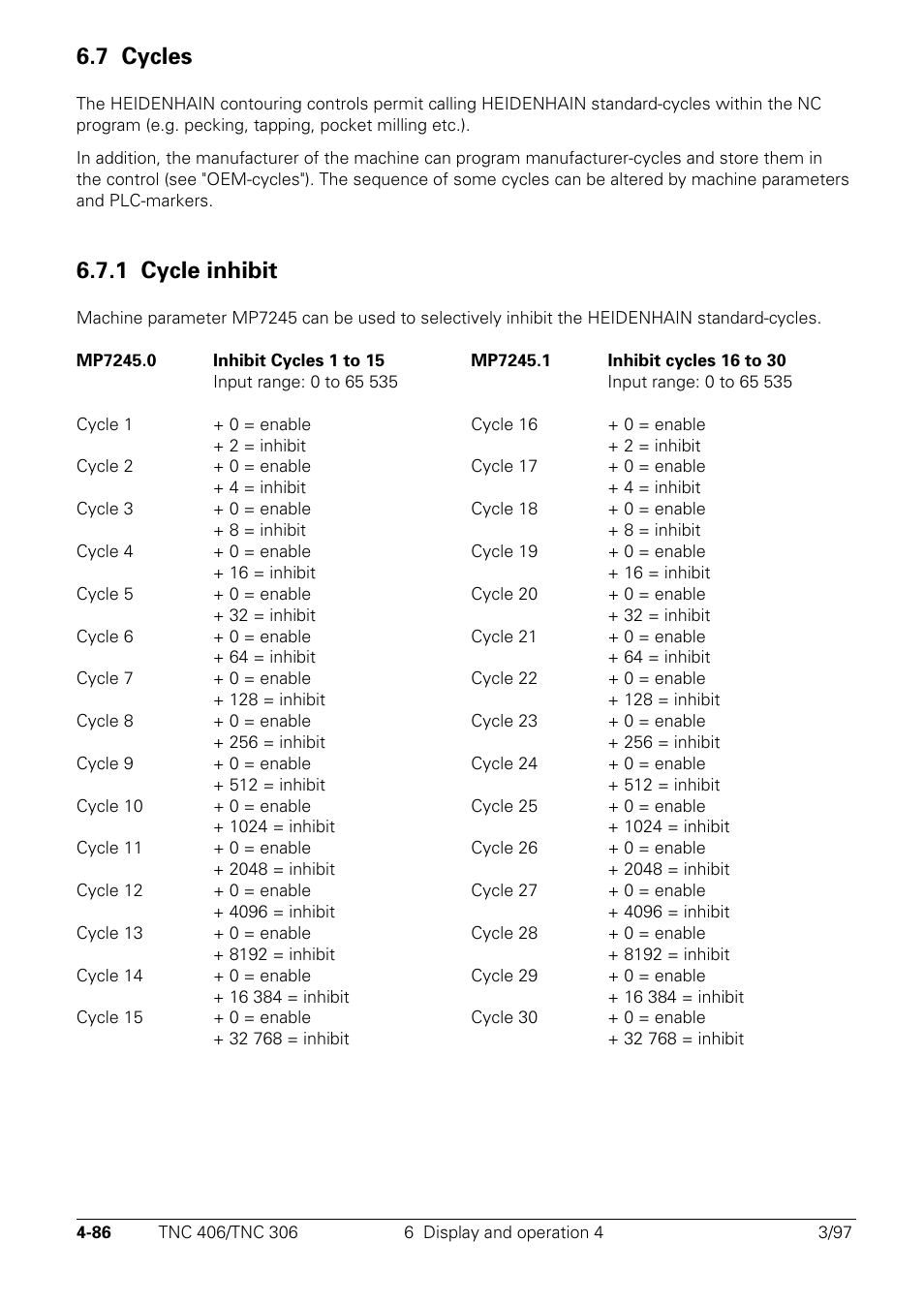 Cycles, Cycle inhibit, 7 cycles | 1 cycle inhibit | HEIDENHAIN TNC 306 Technical Manual User Manual | Page 186 / 510
