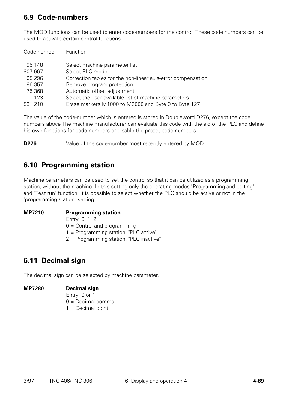 Code-numbers, 10 programming station, 11 decimal sign | 9 code-numbers | HEIDENHAIN TNC 306 Technical Manual User Manual | Page 189 / 510