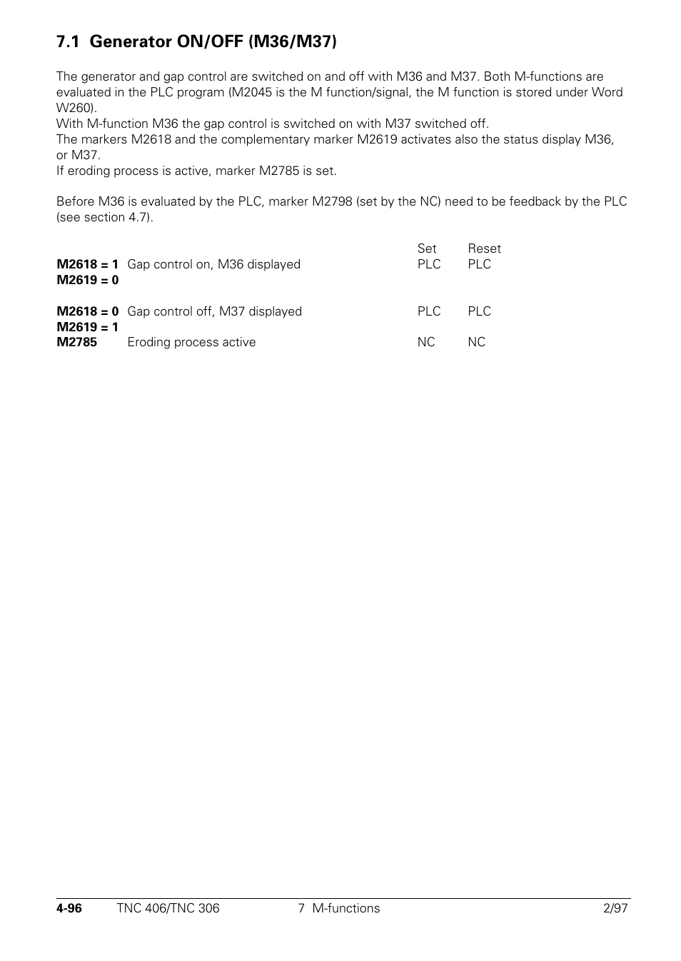Generator on/off (m36/m37) | HEIDENHAIN TNC 306 Technical Manual User Manual | Page 196 / 510