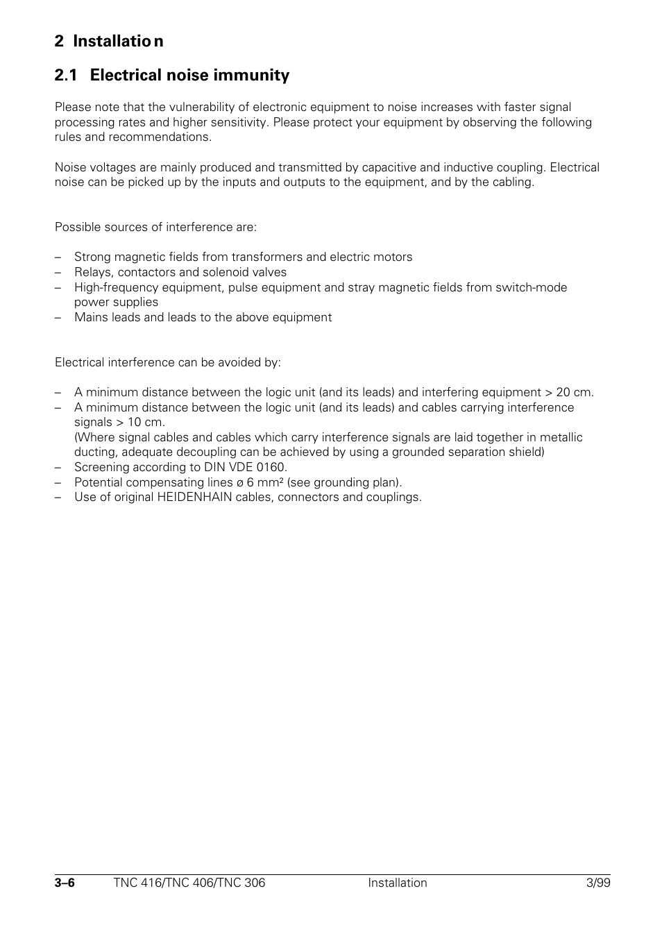 2 installation, Electrical noise immunity, 2 installatio n 2.1 electrical noise immunity | HEIDENHAIN TNC 306 Technical Manual User Manual | Page 21 / 510