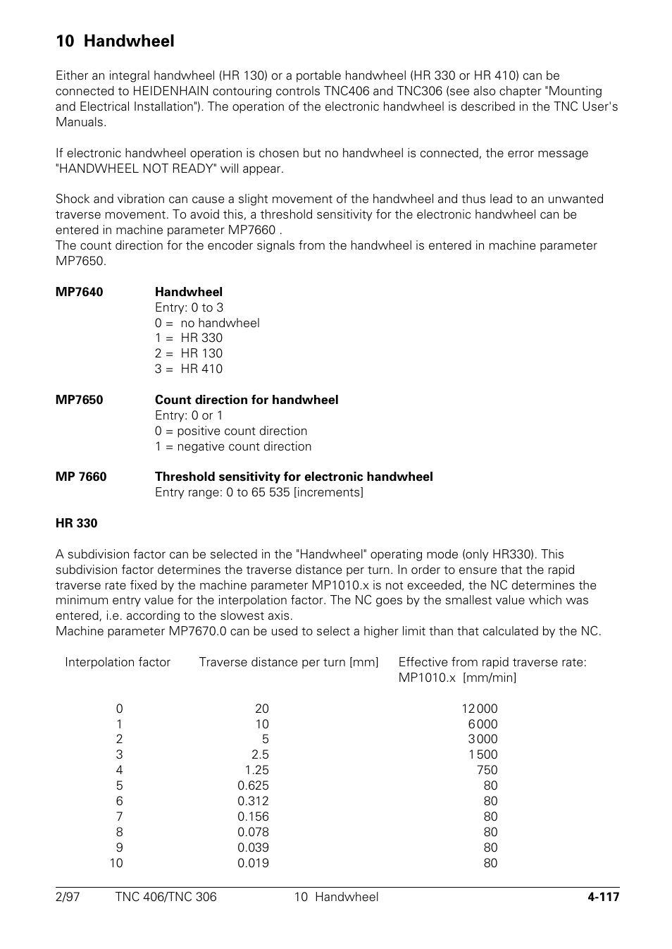 Handwheel, 10 handwheel | HEIDENHAIN TNC 306 Technical Manual User Manual | Page 217 / 510