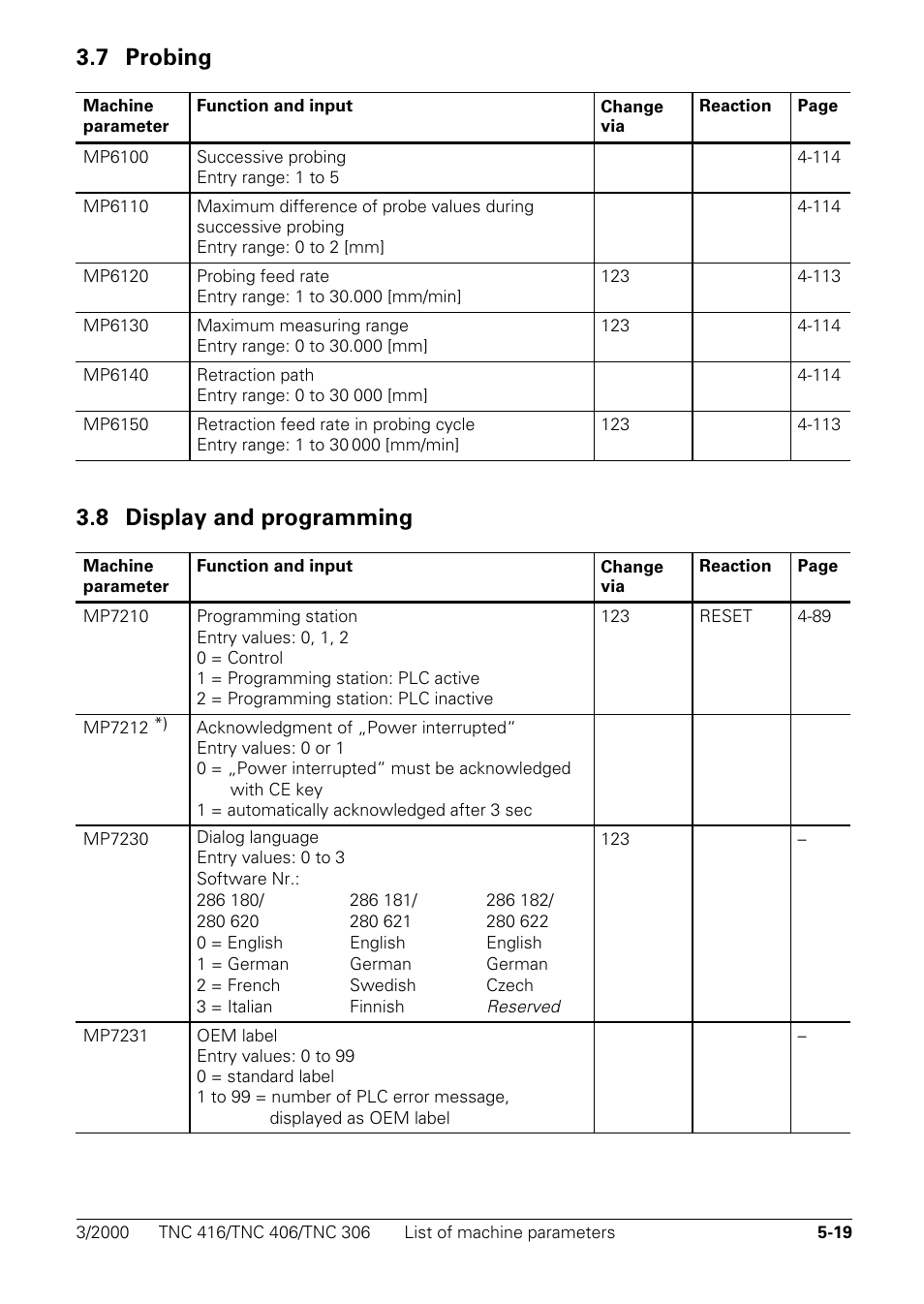 Probing, Display and programming, 7 probing | 8 display and programming | HEIDENHAIN TNC 306 Technical Manual User Manual | Page 267 / 510