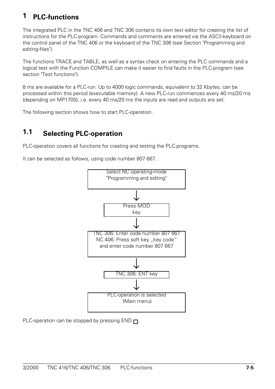 Plc-functions, Selecting plc-operation | HEIDENHAIN TNC 306 Technical Manual User Manual | Page 295 / 510