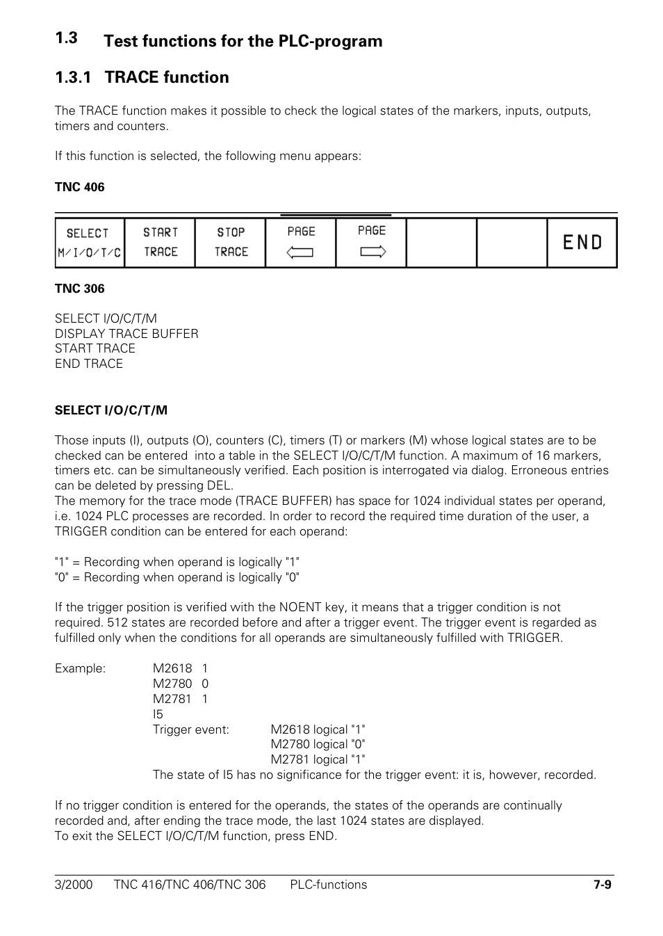 Test functions for the plc-program, Trace function | HEIDENHAIN TNC 306 Technical Manual User Manual | Page 299 / 510