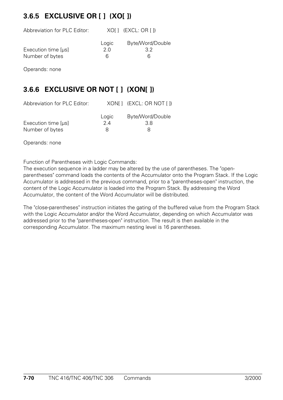 Exclusive or [ ] (xo[ ]), Exclusive or not [ ] (xon[ ]), 5 exclusive or [ ] (xo[ ]) xo | 6 exclusive or not [ ] (xon[ ]) xon | HEIDENHAIN TNC 306 Technical Manual User Manual | Page 360 / 510