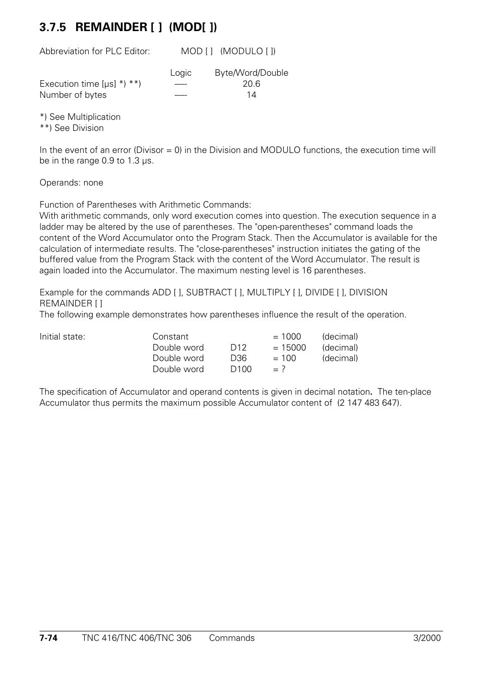 Remainder [ ] (mod[ ]), 5 remainder [ ] (mod[ ]) mod | HEIDENHAIN TNC 306 Technical Manual User Manual | Page 364 / 510