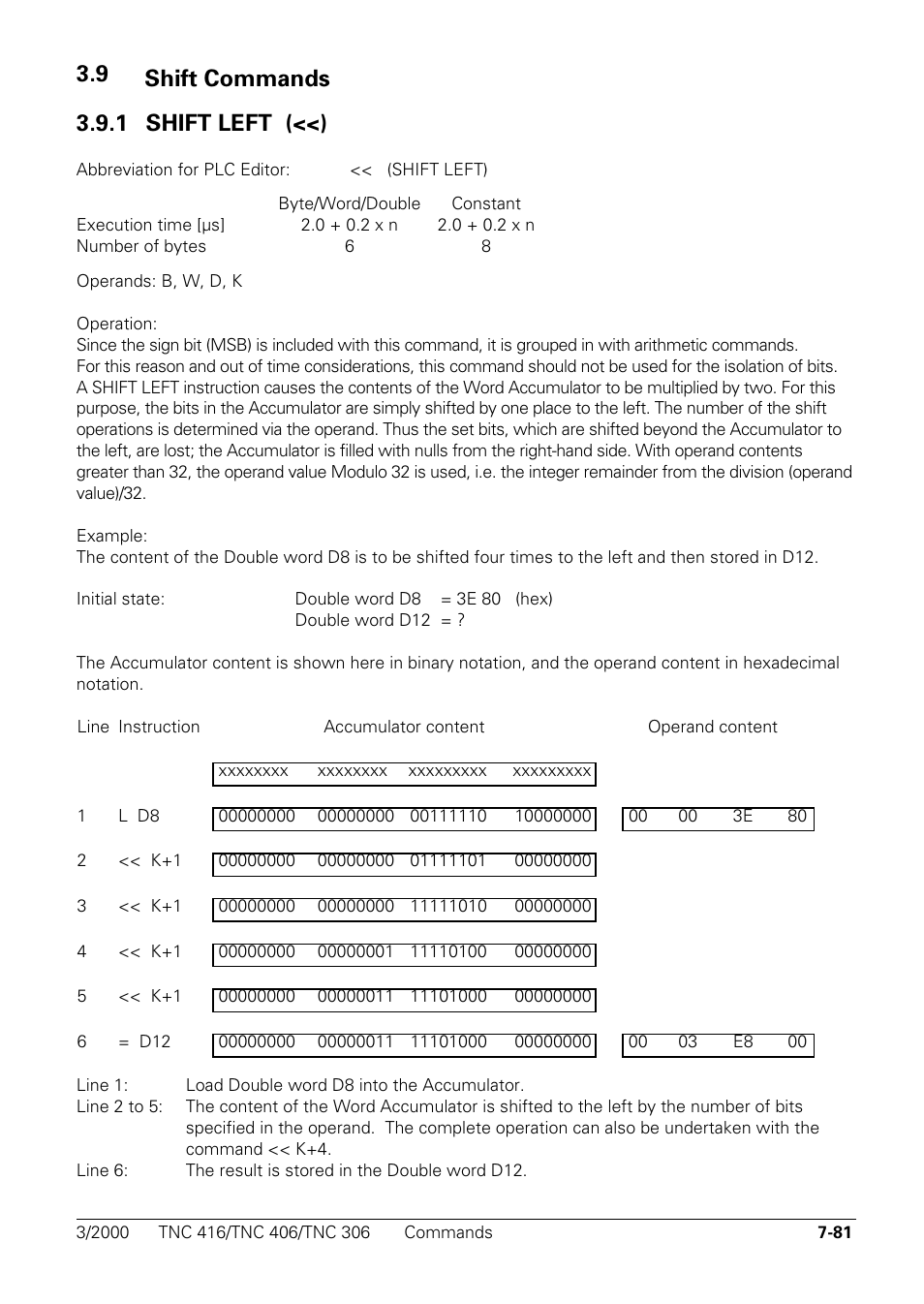 Shift commands, Shift left (<<), 9 shift commands 3.9.1 shift left (<<) | HEIDENHAIN TNC 306 Technical Manual User Manual | Page 371 / 510