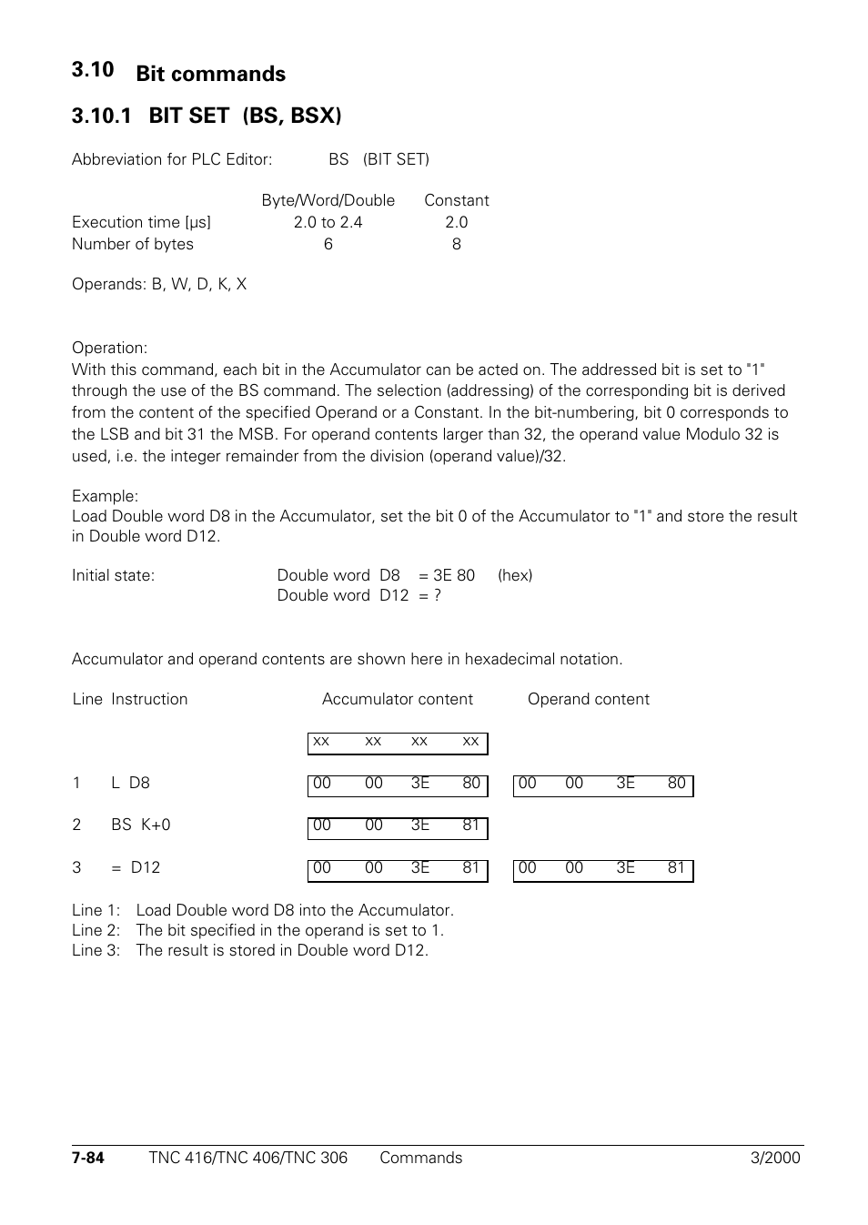 Bit commands, 1 bit set (bs, bsx) | HEIDENHAIN TNC 306 Technical Manual User Manual | Page 374 / 510