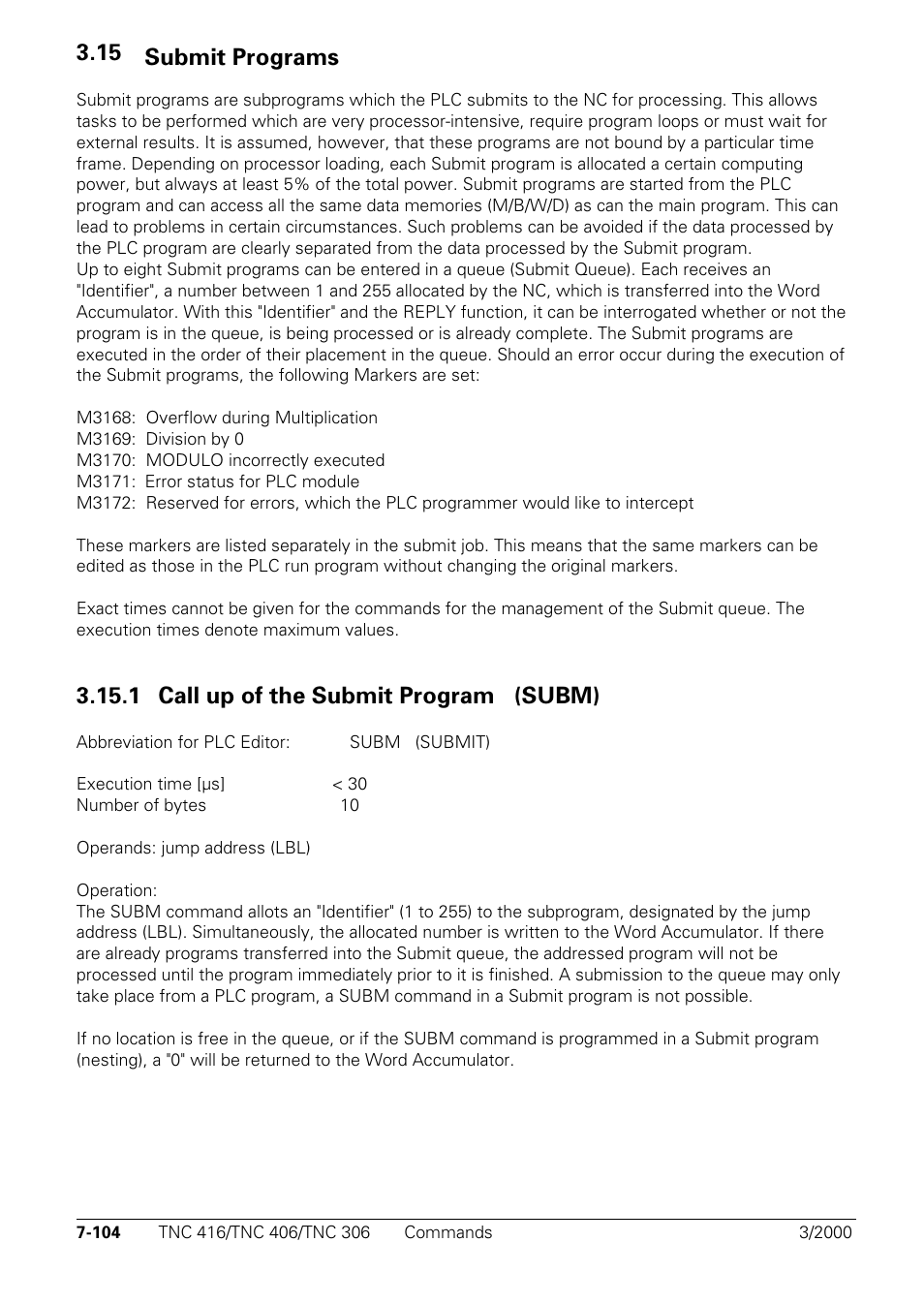Submit programs, 1 call up of the submit program (subm), 15 submit programs | HEIDENHAIN TNC 306 Technical Manual User Manual | Page 394 / 510