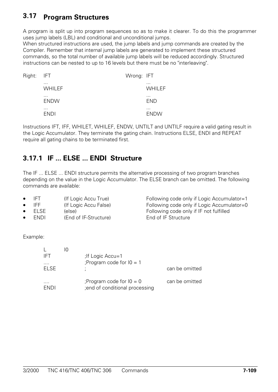 Program structures, 1 if ... else ... endi structure, 17 program structures | HEIDENHAIN TNC 306 Technical Manual User Manual | Page 399 / 510